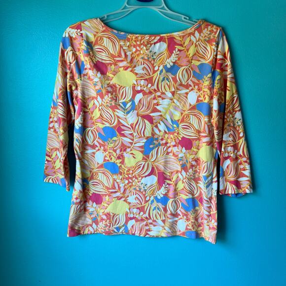 Talbots Women T Shirt Small Cotton Bateau Neck Tee Multi Color Flower 3/4 Sleeve - Picture 4 of 8